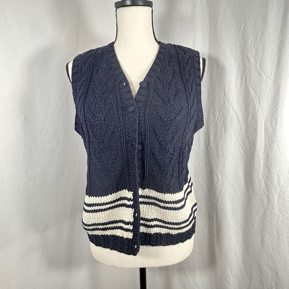 VTG Main Line By Eagle's Eye Navy White Cotton Blend Sweater Vest Cable Knit Med